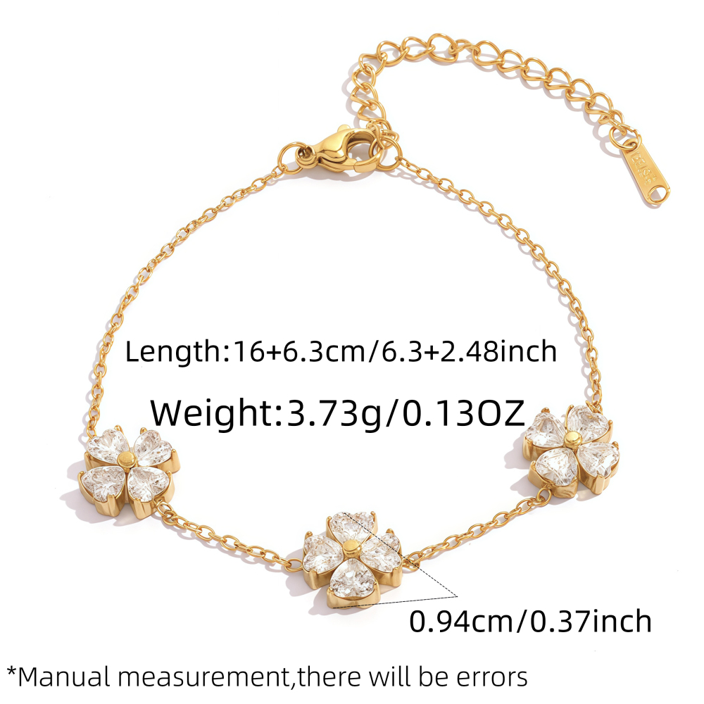 18K Gold Plated 304 Stainless Steel Vacuum Electroplated Zircon Geometric Lucky Clover Four-Leaf Clover Handmade Three-Dimensional Bracelet Jewelry Women's Accessories