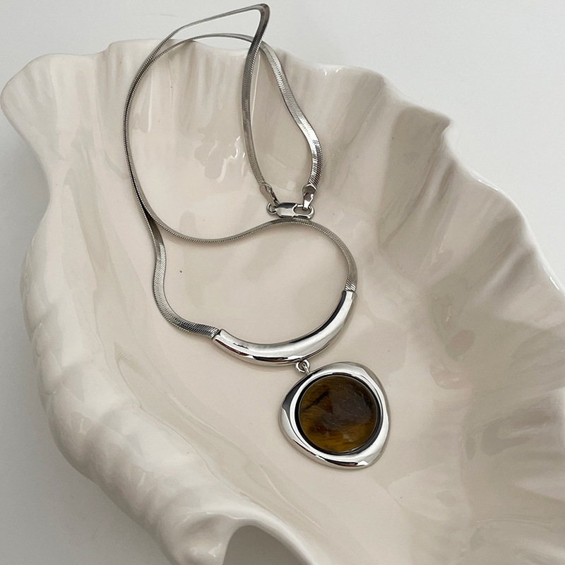 Elegant Vintage Tiger Eye Stone Pendant Necklace Set For Women Geometric Irregular Design Unique Fashion Jewelry Accessories