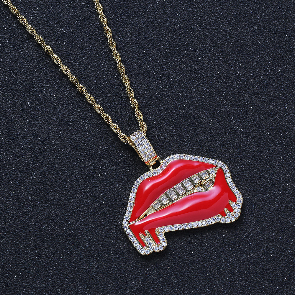 Big Red Lip Pendant Hip Hop Nightclub Dominant Wild Rap Accessories Red Lip Saliva Mouth Pendant Geometric Pattern Copper