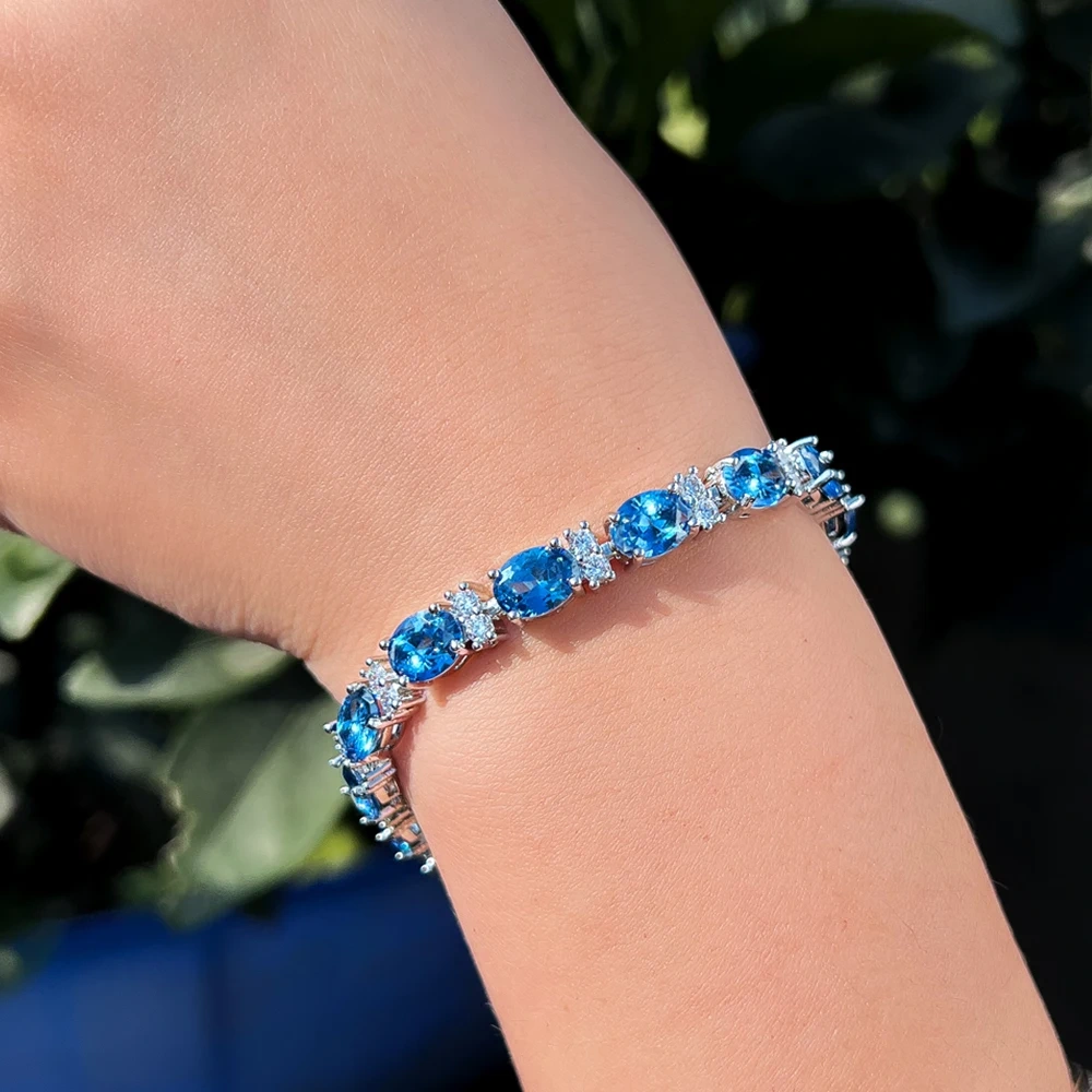 1 Copper Bracelet New Luxurious Blue Oval Cubic Zirconia Tennis Bracelet Suitable For Women Bride Wedding Evening Jewelry Accessories
