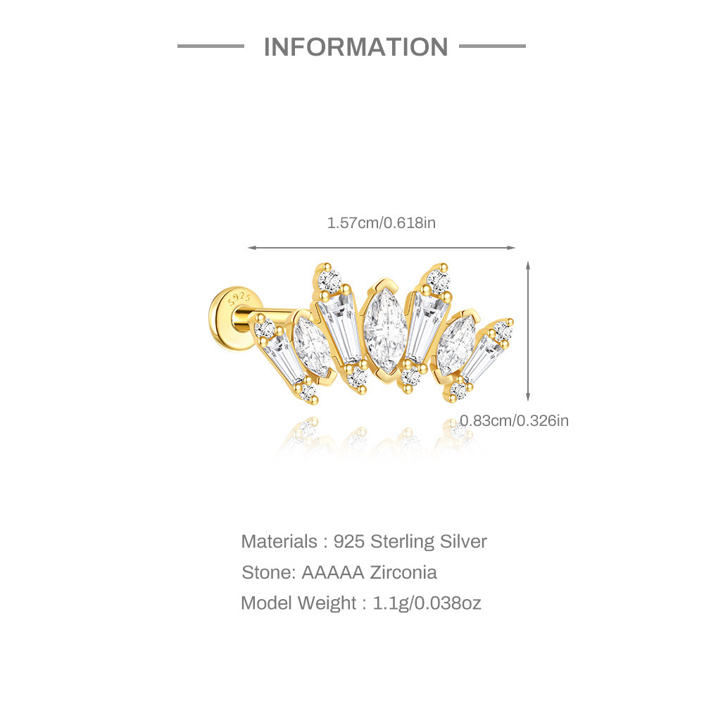 S925 Sterling Silver Geometric Diamond Koi Animal Flat Head Threaded Piercing Ear Bone Nail  Hot Selling Classic Ear Jewelry