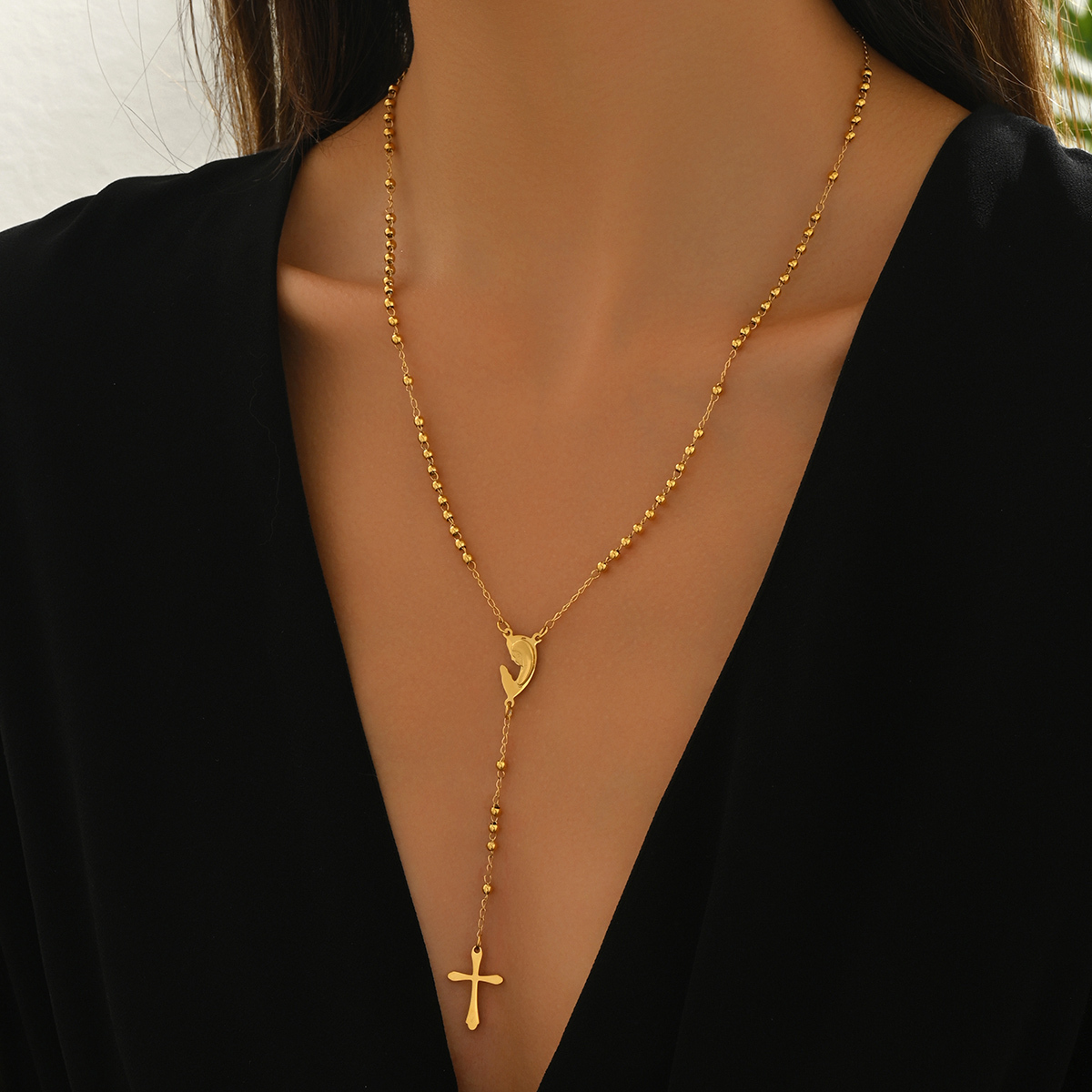 Long Y-Shaped Stainless Steel Cross Pendant Necklace Women's Party Jewelry Fashionable Tassel Design Suitable For Daily Wear