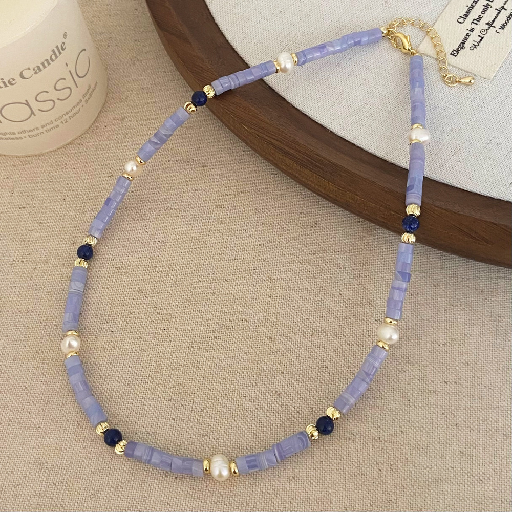 New Chinese Style Geometric Design Purple Agate Freshwater Pearl Women's Necklace Versatile High-End Fashion Clavicle Chain