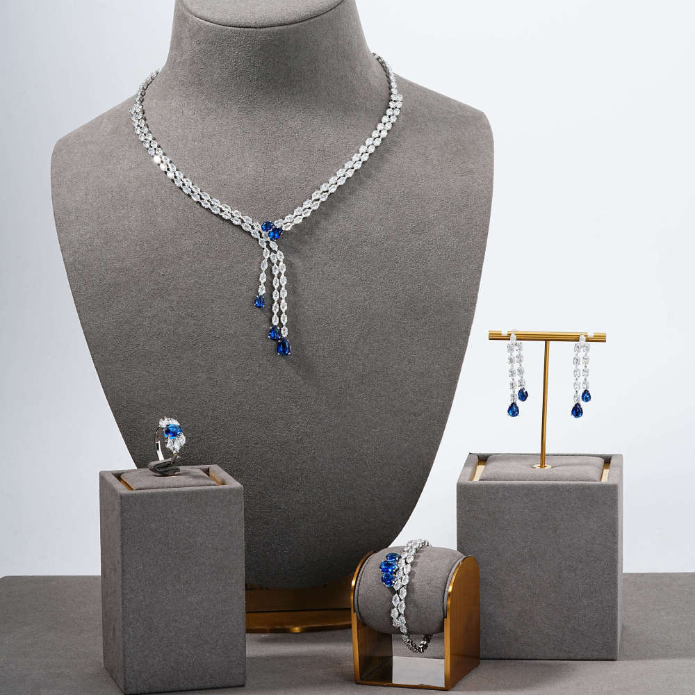 Elegant Fashion Jewelry Set, Water Drop Geometric Tassel Design Zircon Exquisite Necklace Earrings Bracelet Ring, Ideal Gift For Women, Suitable For Date And Party Accessories