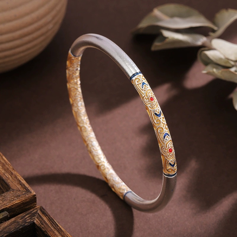 Universal Electroplated Silver-Plated Geometric Pattern Copper Bracelet Enamel Color Antique Pattern Fixed Ring Ruyi Flower Gold-Plated Bracelet Birthday Light Luxury Gift