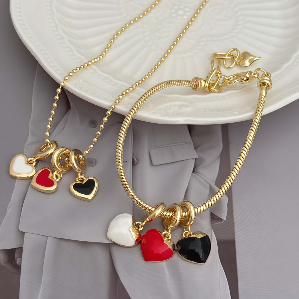 1 Set Of Heart Bracelet And Necklace Jewelry Suitable For Men And Women Couples Friends To Wear Copper Plated With 18K Gold Oil Drop Fashionable And Beautiful