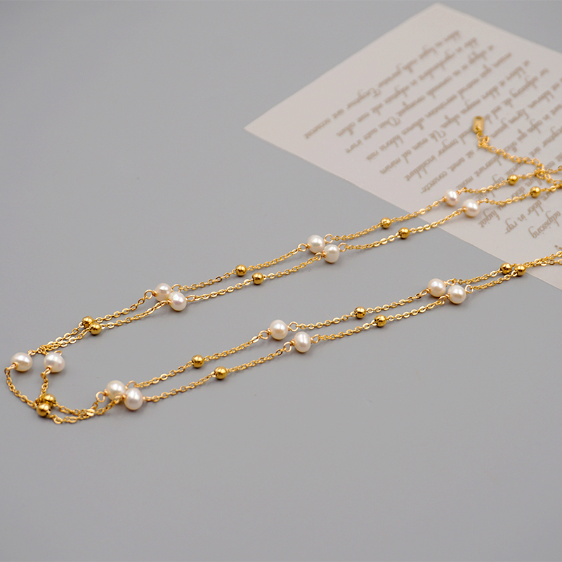 Freshwater Pearl Ferroalloy Round Vacuum Plating Gold Plated Simple Style Classic Style Waterproof Non Tarnish Beaded Plating Gold Sweater Chain Long Necklace