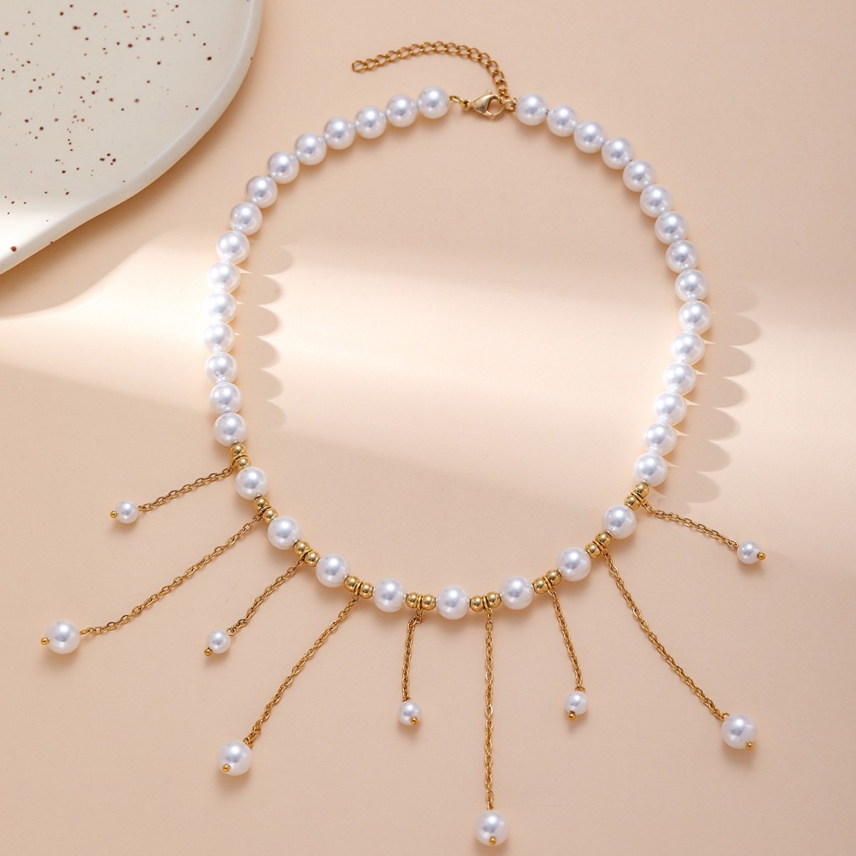 Fashion European And American UV Electroplated Pearl Necklace For Women, Long Pearl Chain With Tassel, Titanium Steel Fashion New Design Women's Jewelry Wholesale