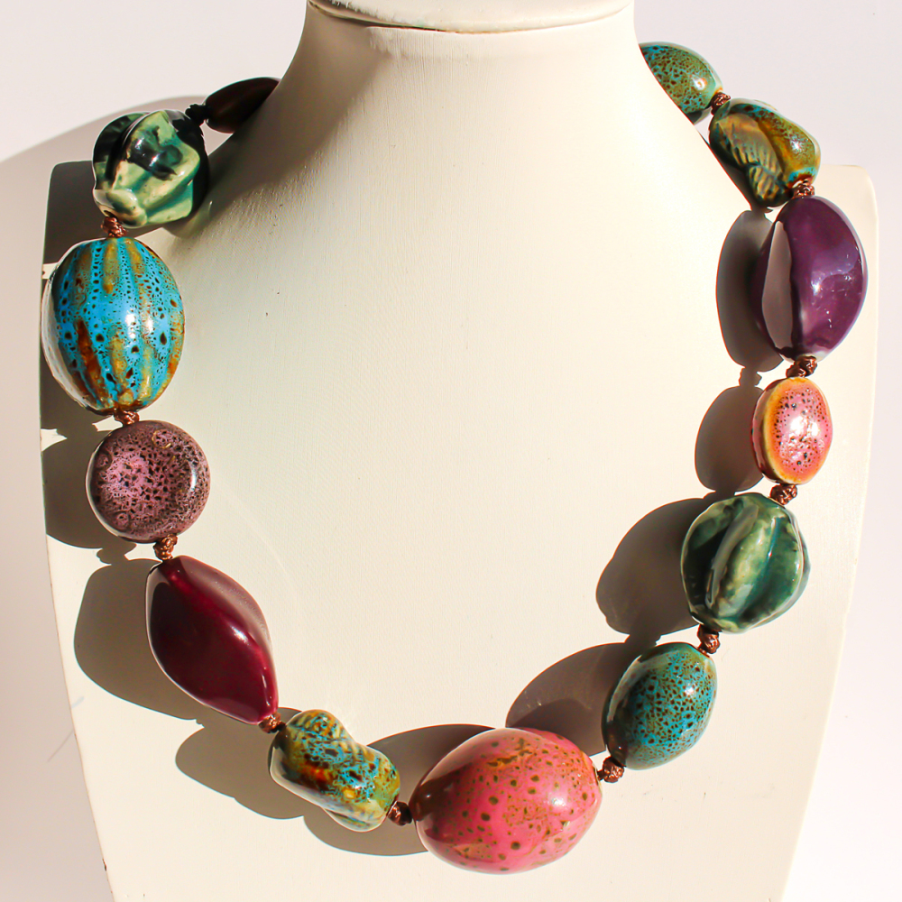 Art Oil Painting Color Plated 24K Real Gold Contrast Old Ceramic Handmade Beaded Necklace Women's Accessories 766