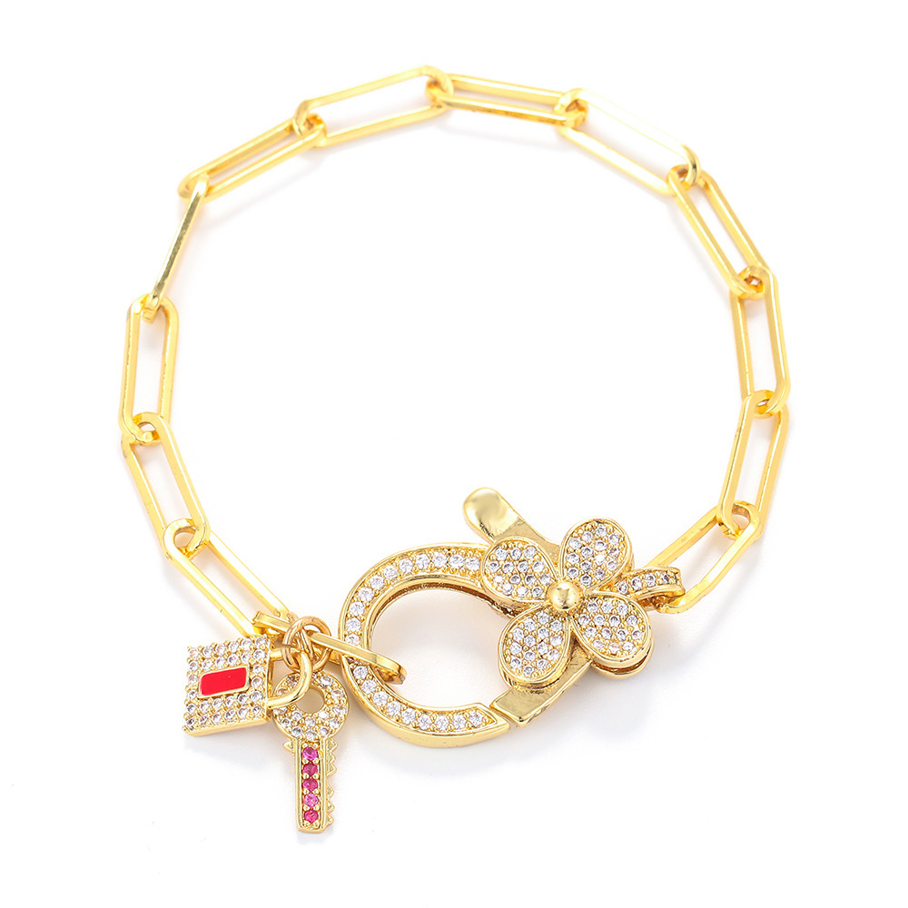 Korean Style Key Lock Four-leaf Clover Zircon Interlocking Hollow Chain Bracelet