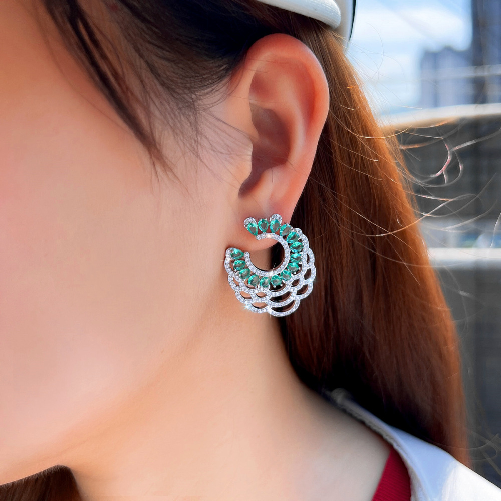 Women's Large Hoop Earrings Green Rhinestone Geometric C-Shape Drop Earrings Elegant French Copper Wedding Party Date Night Accessories