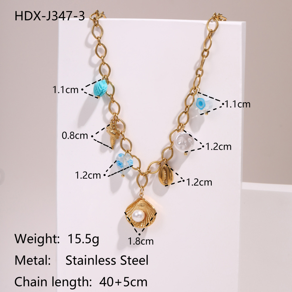 Fashionable Holiday Star Flower Pendant Pearl Embedded Shell Stainless Steel Necklace Clavicle Chain Geometric Pattern Bohemian Style Women's Luxury PVD Coating