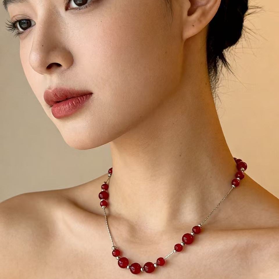 Red Agate Beaded Necklace For Women Short Clavicle Chain Design Jewelry Accessories Rose Gold Plated