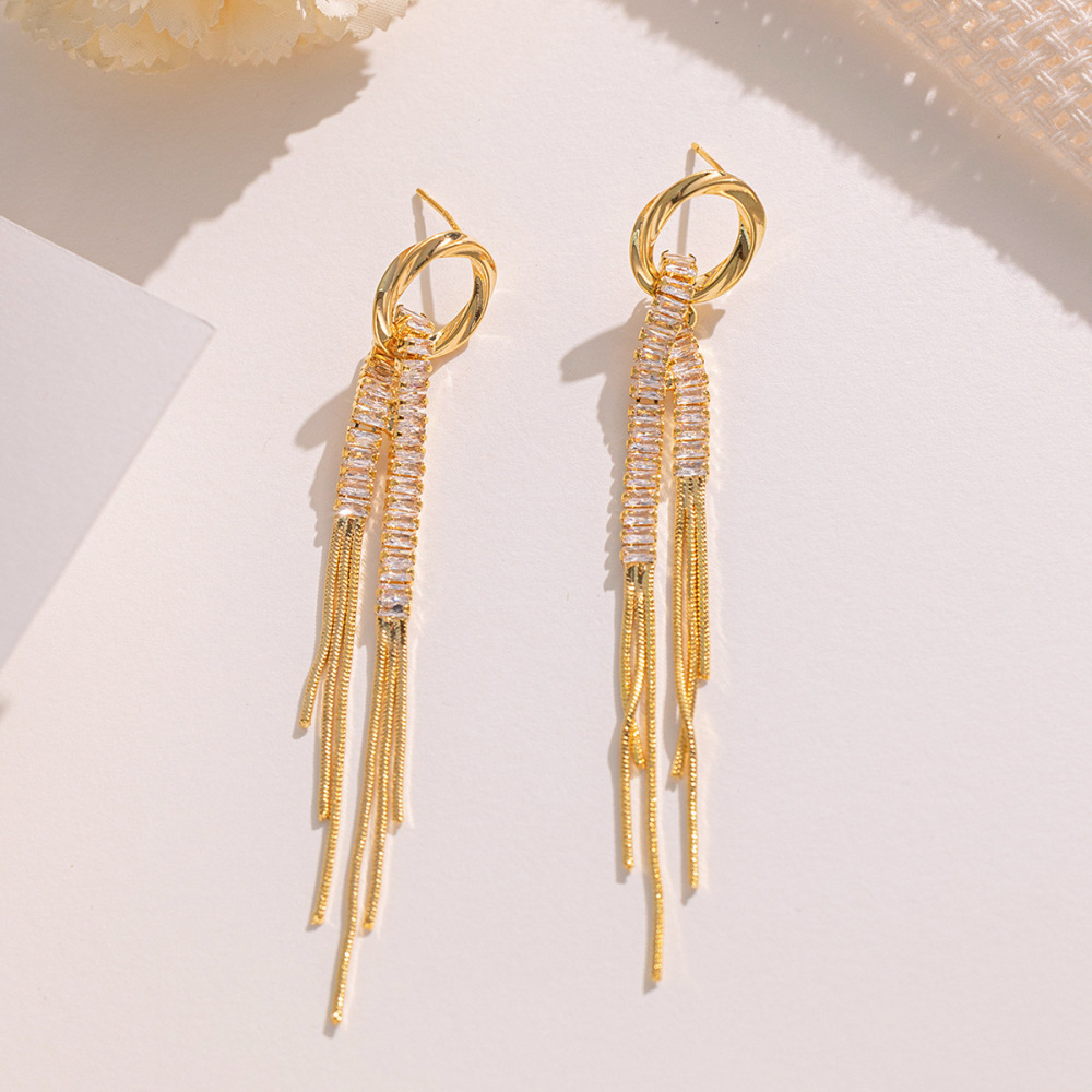 Tassel Long Chain Zircon Earrings Elegant Geometric Pattern Stainless Steel Women's Jewelry Accessories  Style