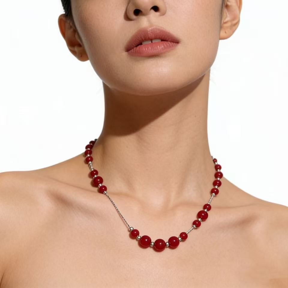 Red Agate Beaded Necklace For Women Short Clavicle Chain Design Jewelry Accessories Rose Gold Plated
