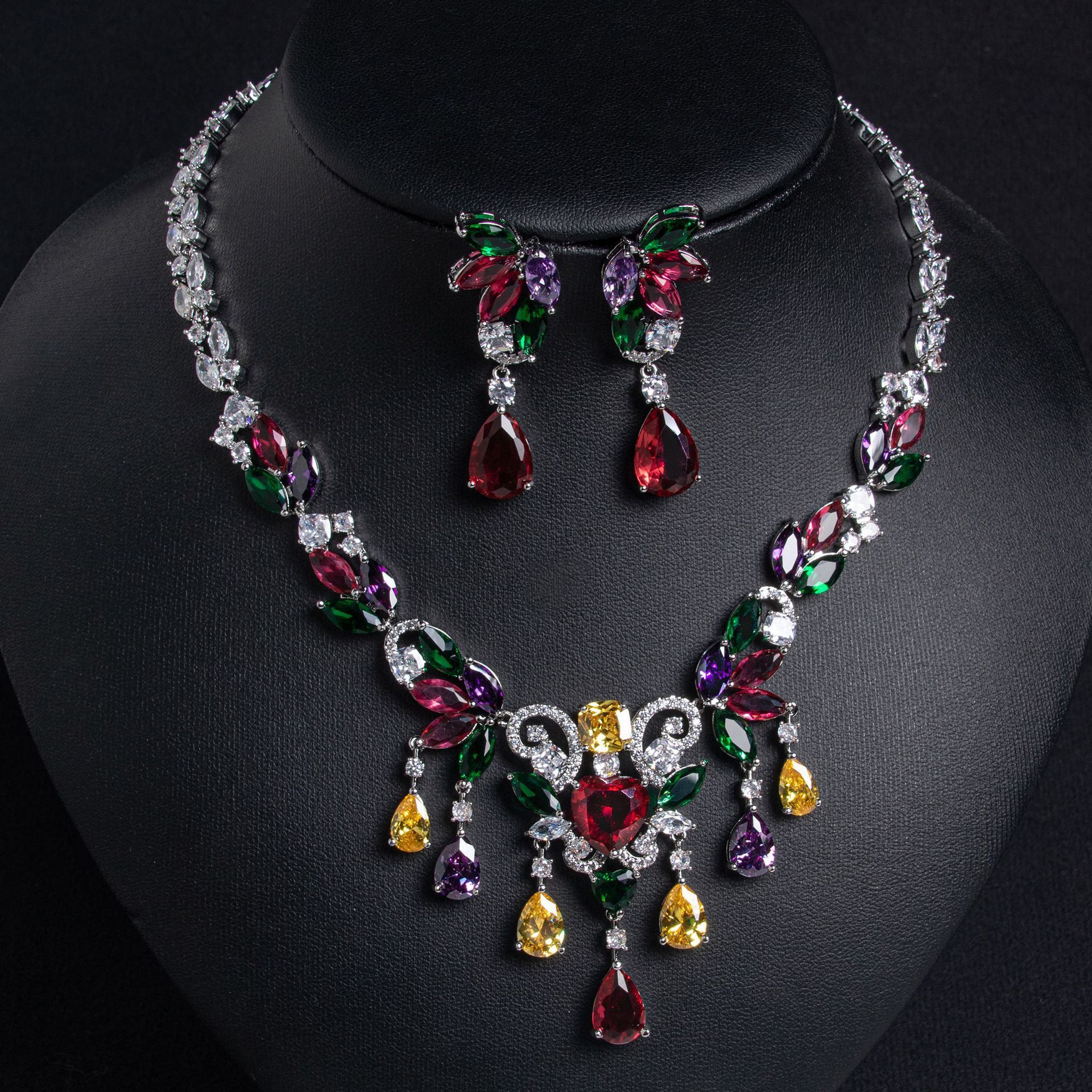 Wedding Couple Symmetrical Tassel Necklace Earrings Set Zirconia Ornament Two-Piece Set Luxury Style Copper Material Women