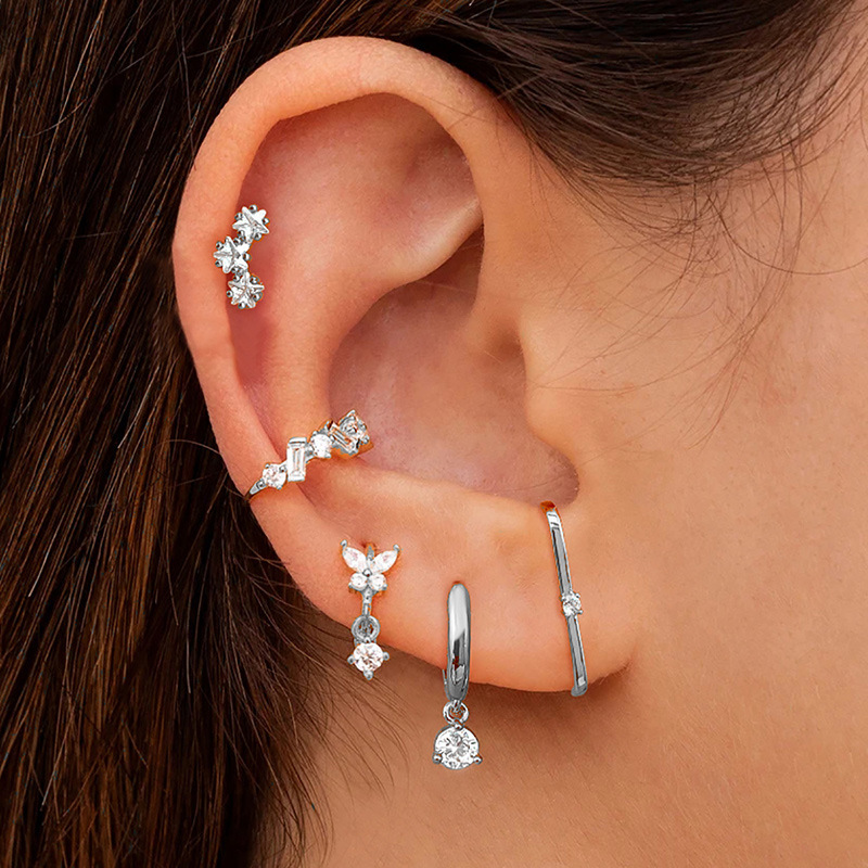 Zirconia Earrings Set Ladies Casual Star Pattern 24K Gold Plated Copper Jewelry Accessories