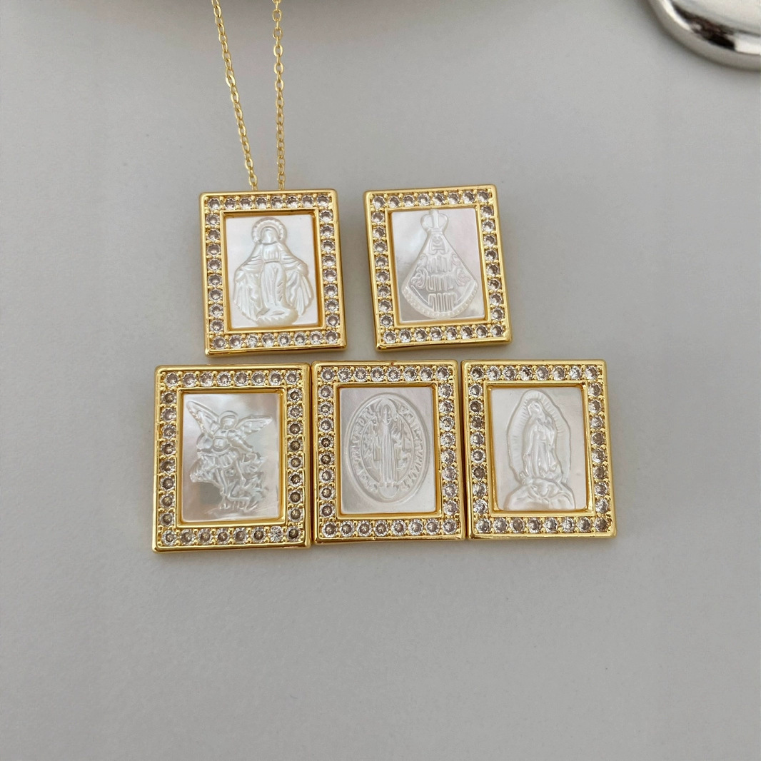 Square Natural Mother-of-Pearl Zircon Jesus Sacred Heart Pendant Women's  Necklace Shell Diy Jewelry Accessories