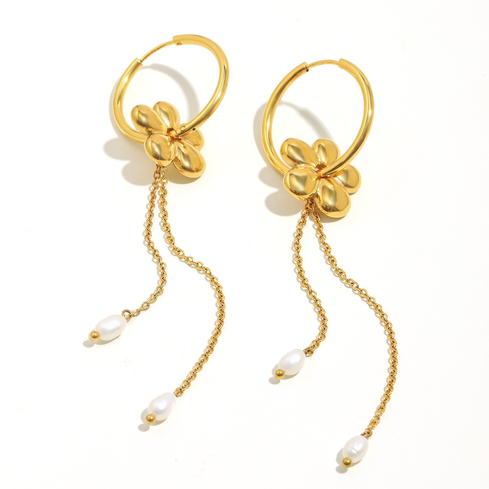 Elegant Versatile High-End Pearl Tassel Earrings Stainless Steel Plated 18K Gold Geometric Pattern Luxury Style For Women