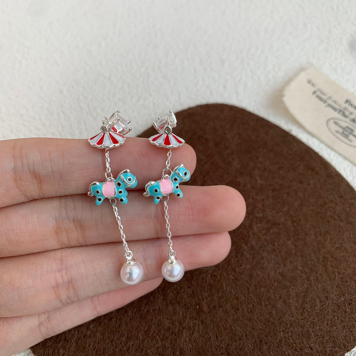 Creative Christmas Decorations Asymmetric Zircon Mini Umbrella Rotating Horse Pearl Earrings Jewelry Ear Studs For Women