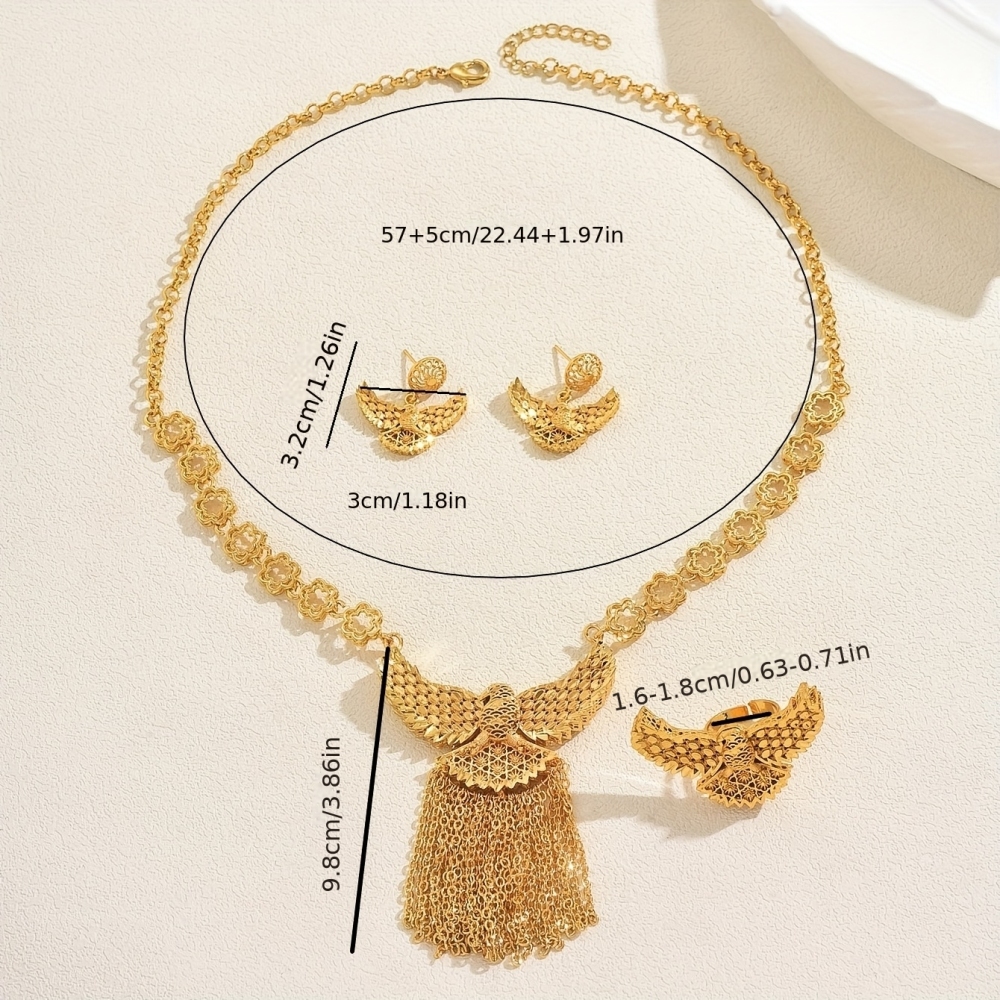 Middle East Dubai Luxurious Elegant Eagle Tassel Necklace Earrings Ring Four-Piece Set Wedding Bride Banquet Accessories