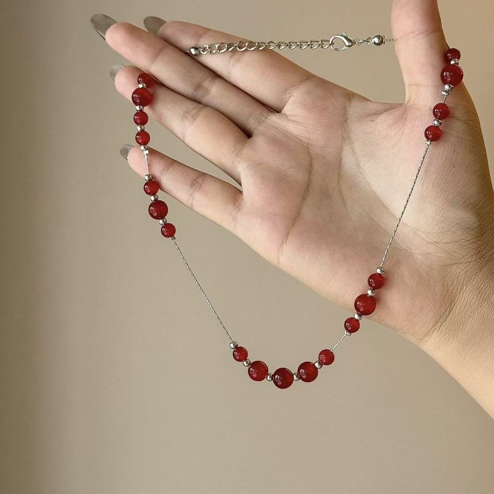 Red Agate Beaded Necklace For Women Short Clavicle Chain Design Jewelry Accessories Rose Gold Plated