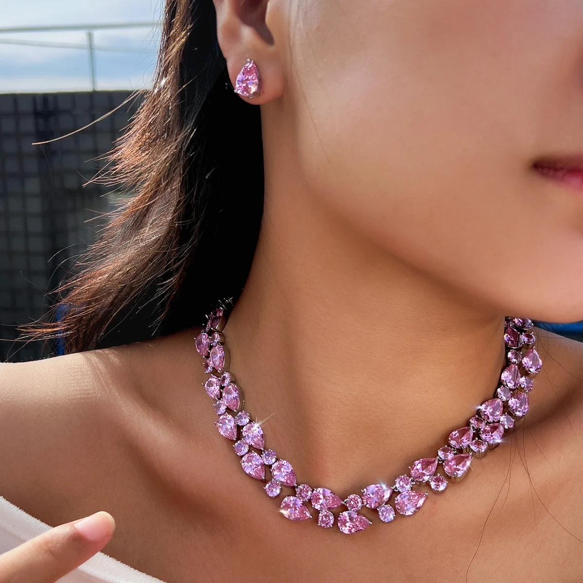 Copper Jewelry Two-Piece Set Luxurious Pink Water Drop Zircon Crystal Necklace Earring Set Suitable For Women Valentine's Day Wedding Party Wear Best Gift Choice