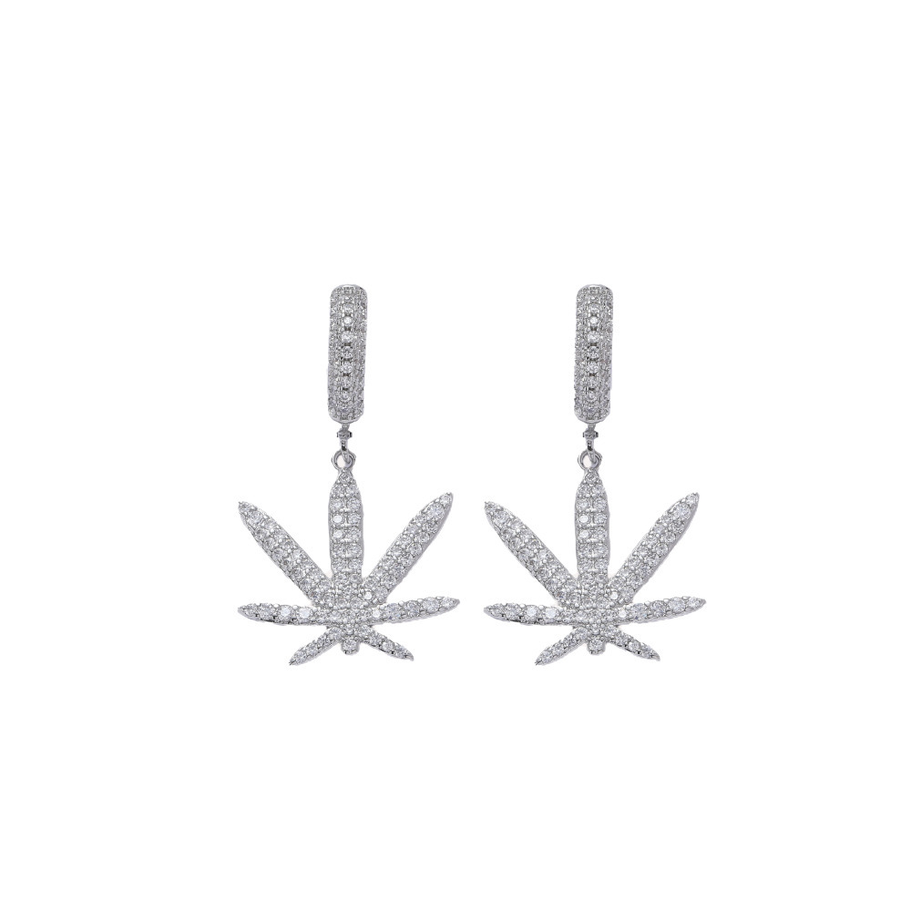 Leaf Shaped Zirconia Stud Earrings Hip Hop Personality Copper Jewelry For Men And Women  Style Fashion Accessories