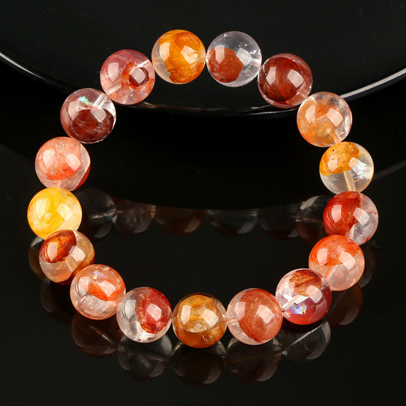 Natural Crystal Flower Bracelet Lucky Phoenix Feathers Red And Yellow Geometric Pattern Polished Round Beads Unisex Bracelet