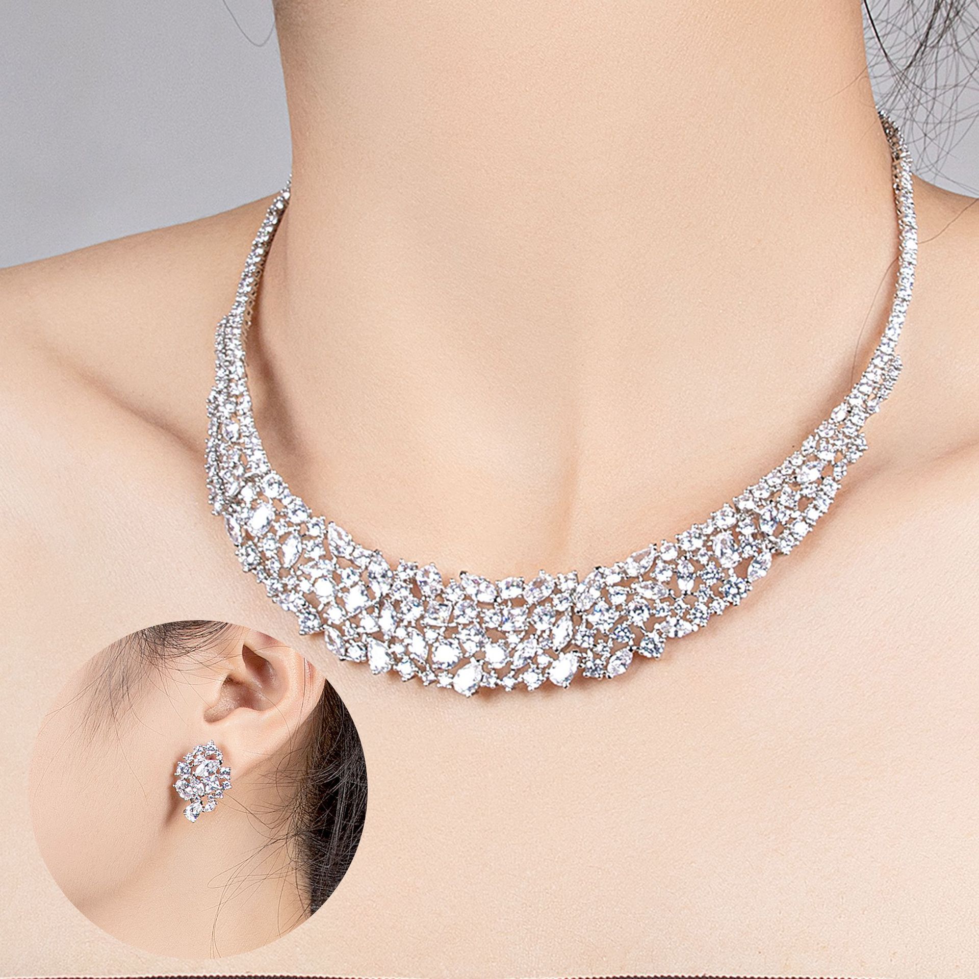 Luxurious Simple Glowing Zircon Wedding Jewelry Set Necklace Earrings  Style Original Design For Women