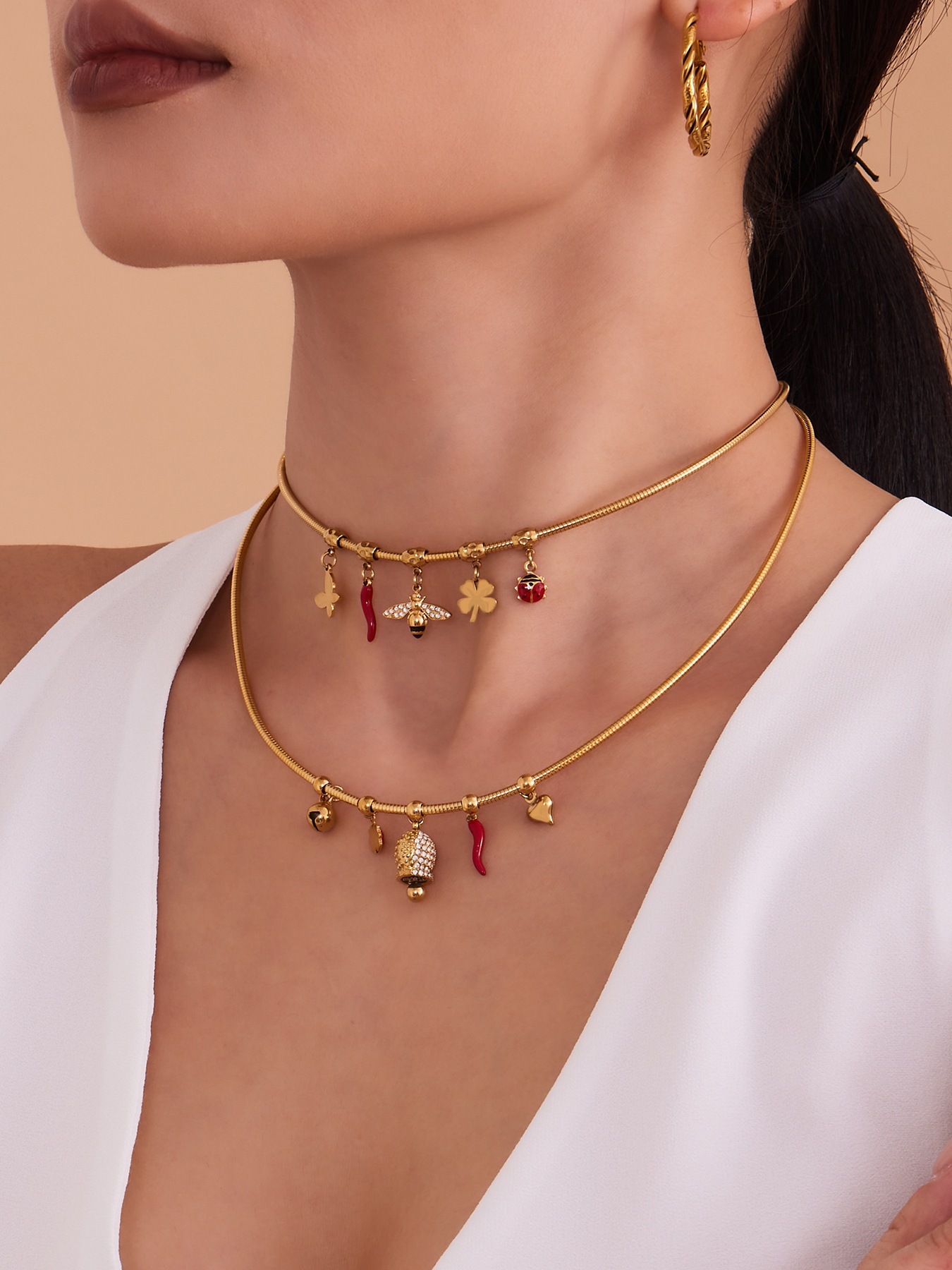 Stainless Steel Zirconia Pendant Oil Drop Red Pepper Ladybug Bee Bell Tassel Women's Necklace Unique Style Jewelry Accessories