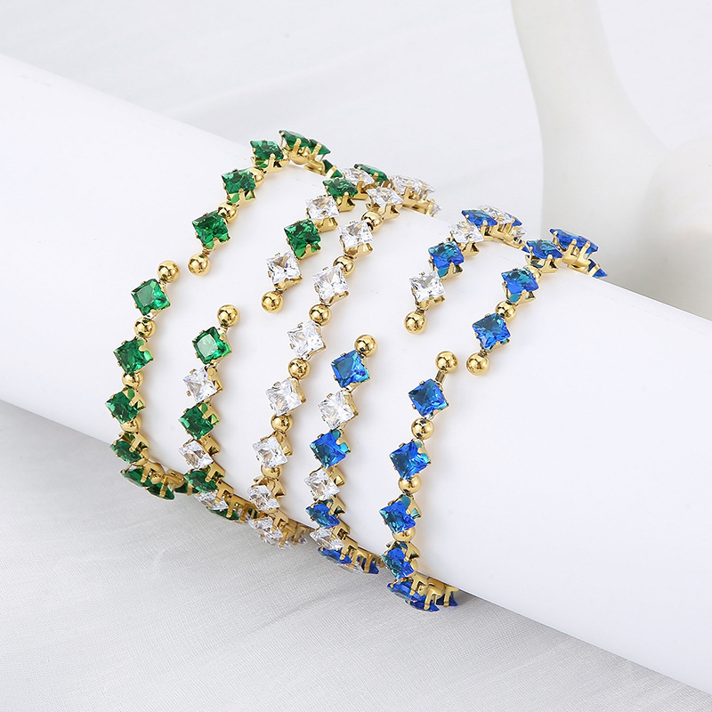 304 Stainless Steel Square PVD Coated Zircon 18K Real Gold Plated Simple Style Classic Style Waterproof Non Tarnish Inlay Bangle