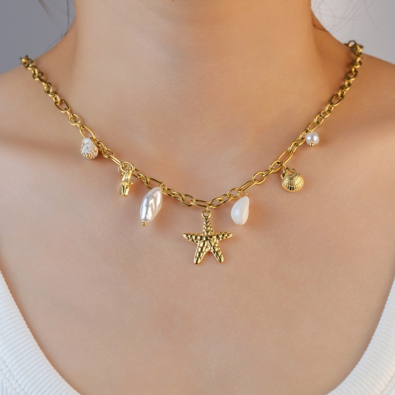 Fashion 304 Stainless Steel Shell Starfish Conch Necklace For Women Vacation Beach Ocean Style Coconut Tree Titanium Steel Jewelry Accessories