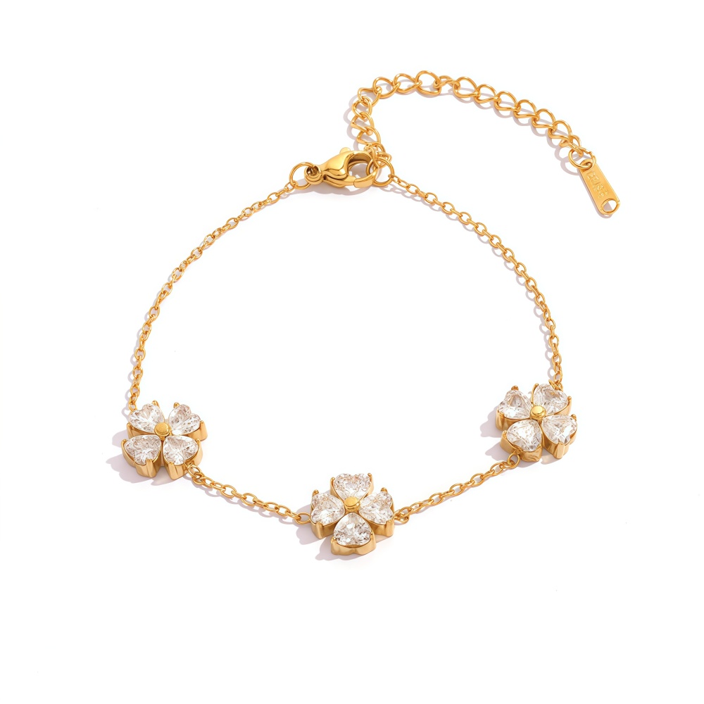 18K Gold Plated 304 Stainless Steel Vacuum Electroplated Zircon Geometric Lucky Clover Four-Leaf Clover Handmade Three-Dimensional Bracelet Jewelry Women's Accessories