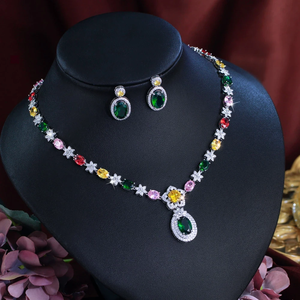 Water Plated White Gold Inlaid Colorful Zircon Flower Design Women's Wedding Jewelry Two-Piece Set Waterproof Non-Fading Tennis Chain