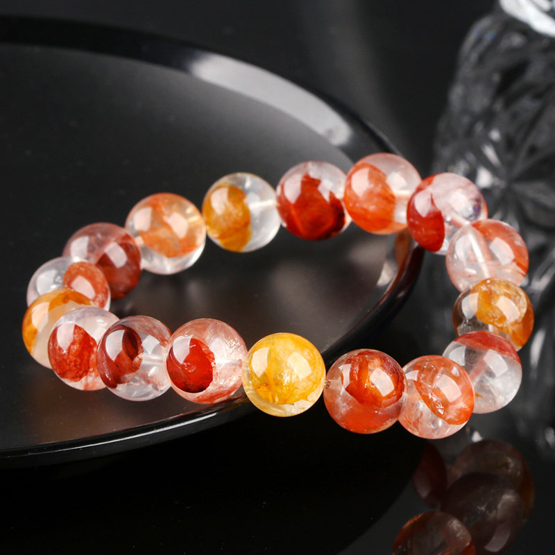 Natural Crystal Flower Bracelet Lucky Phoenix Feathers Red And Yellow Geometric Pattern Polished Round Beads Unisex Bracelet