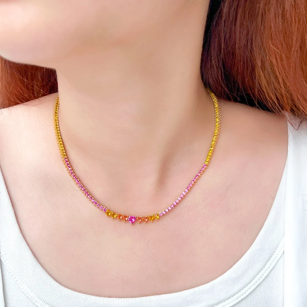 Heart-Shaped Water-Plated Copper Zircon (Jewelry) Waterproof Non-Fading Safety Clasp Tennis Chain (Full Diamond Chain) Necklace For Women