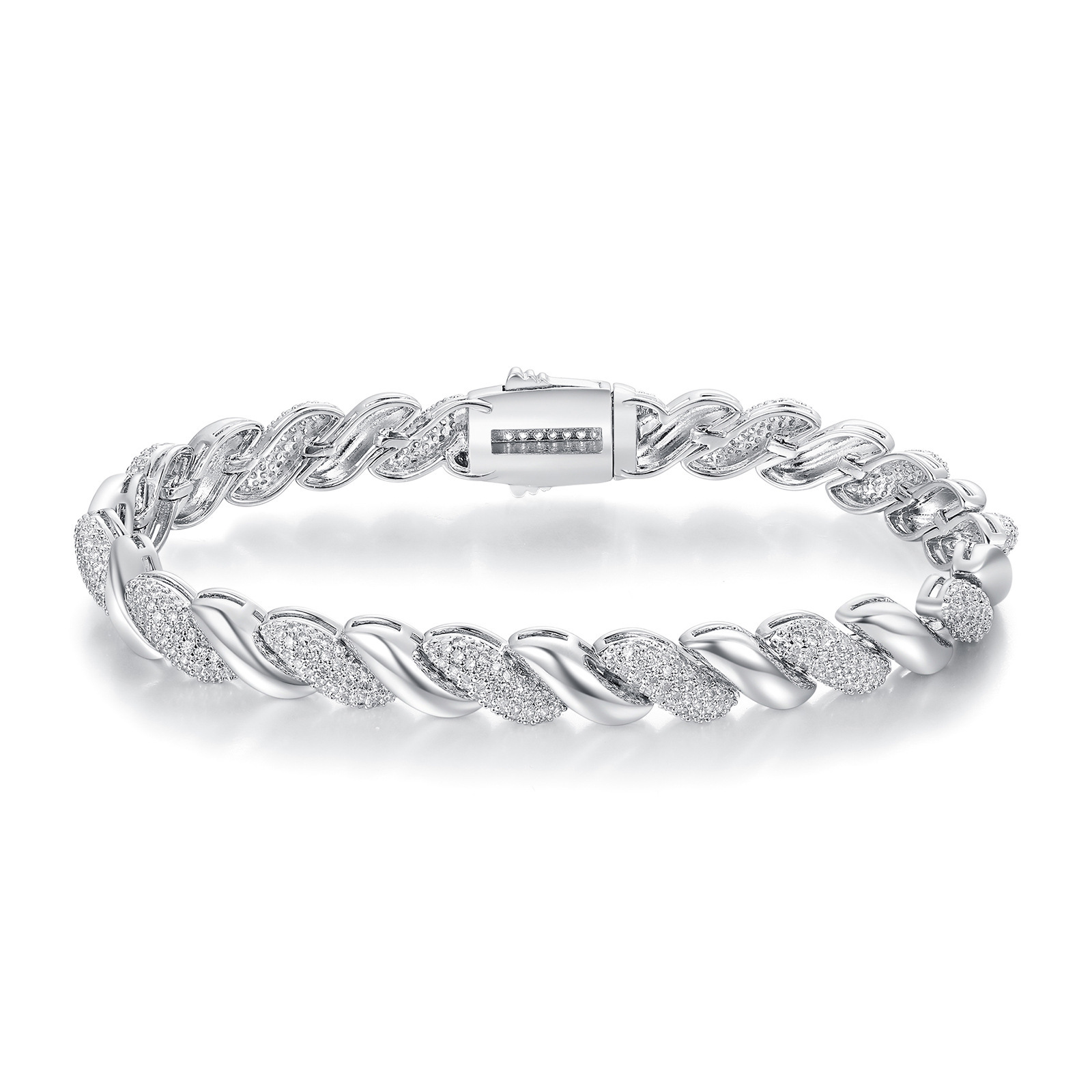 Seven-Link Bracelet Heavy Design Hip-Hop Fashion Brass Geometric Pattern Engraved Zircon Unisex Jewelry Accessories Water Plated Platinum