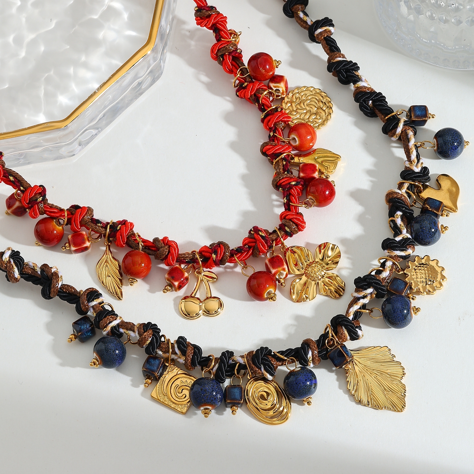 Wholesale Jewelry Casual Elegant Classical Leaf Cherry Heart Shape 304 Stainless Steel 18K Gold Plated PVD Coated Plating Silk Scarf Cord Cloth Strip Necklace