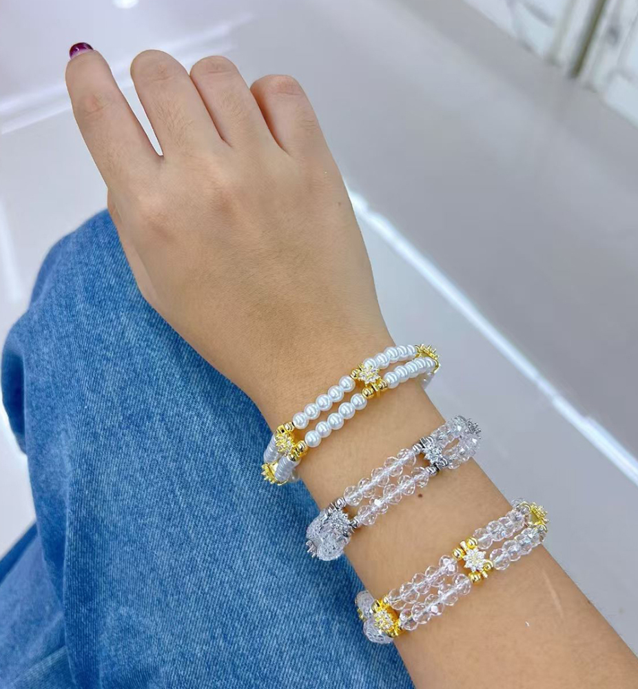 European And American Fashion Color-Retaining Electroplated Copper Imitation Pearl Zircon Flower Double-Layer Handmade Bracelet