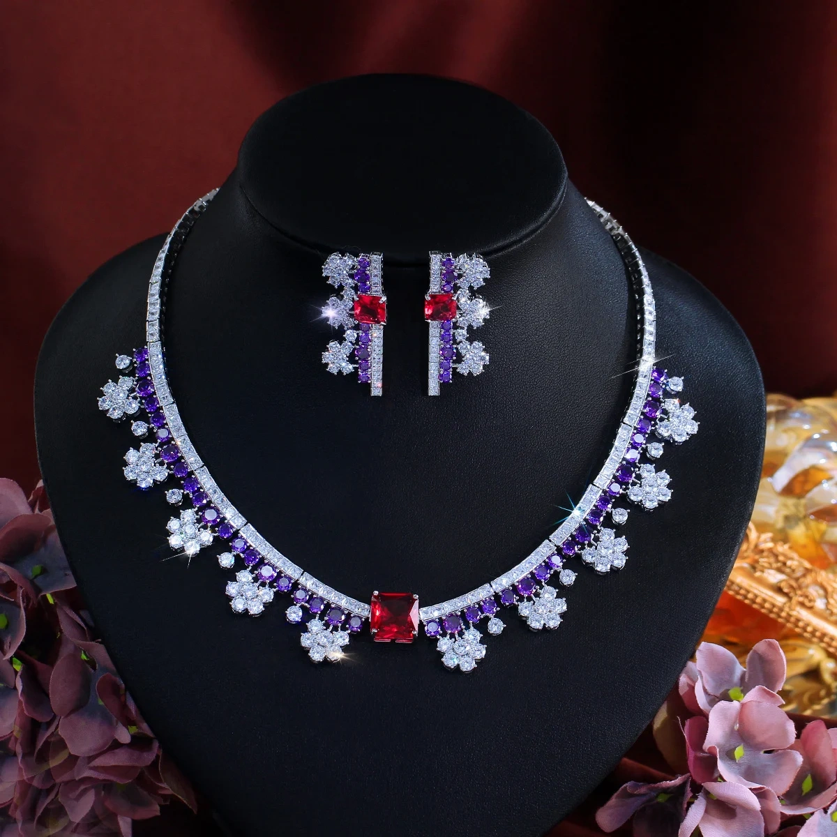 Copper Jewelry Two-Piece Set Charming Purple White Red Zircon Inlaid Floral Necklace Earring Set Suitable For Women Engagement/Wedding Ideal Jewelry Gift