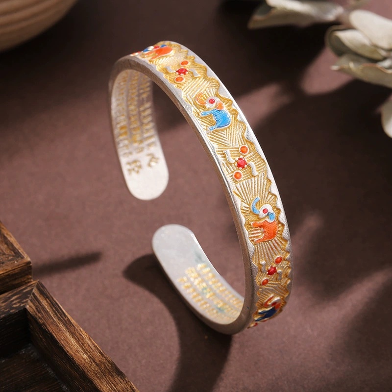 Vintage Ethnic Style Silver-Plated Bracelet With Gold Enamel Auspicious Symbols Ruyi Heart Sutra Bracelet Chinese Style Gift For Girlfriend Ancient Silver Bracelet Geometric Pattern Flower