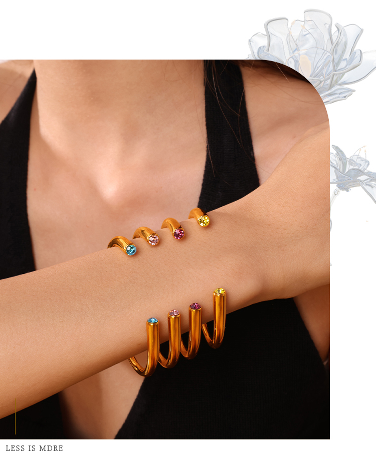 Multicolor Gemstone Open Bracelet Minimalist Colorful Diamond Jewelry Elegant Women's Bracelet 304 Stainless Steel Vacuum Electroplated 18K Real Gold