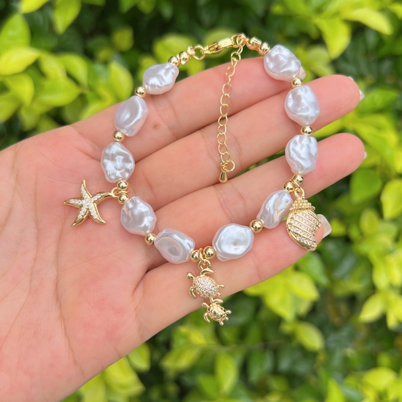Wholesale Jewelry Simple Style Classic Style Tortoise Starfish Conch Copper 18K Gold Plated Beaded Chain Multi Charms Necklace Jewelry Set