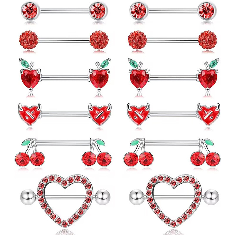 Red Diamond Embedded Heart Cherry Piercing Jewelry Set Women's Stainless Steel Fashion Accessories  Style