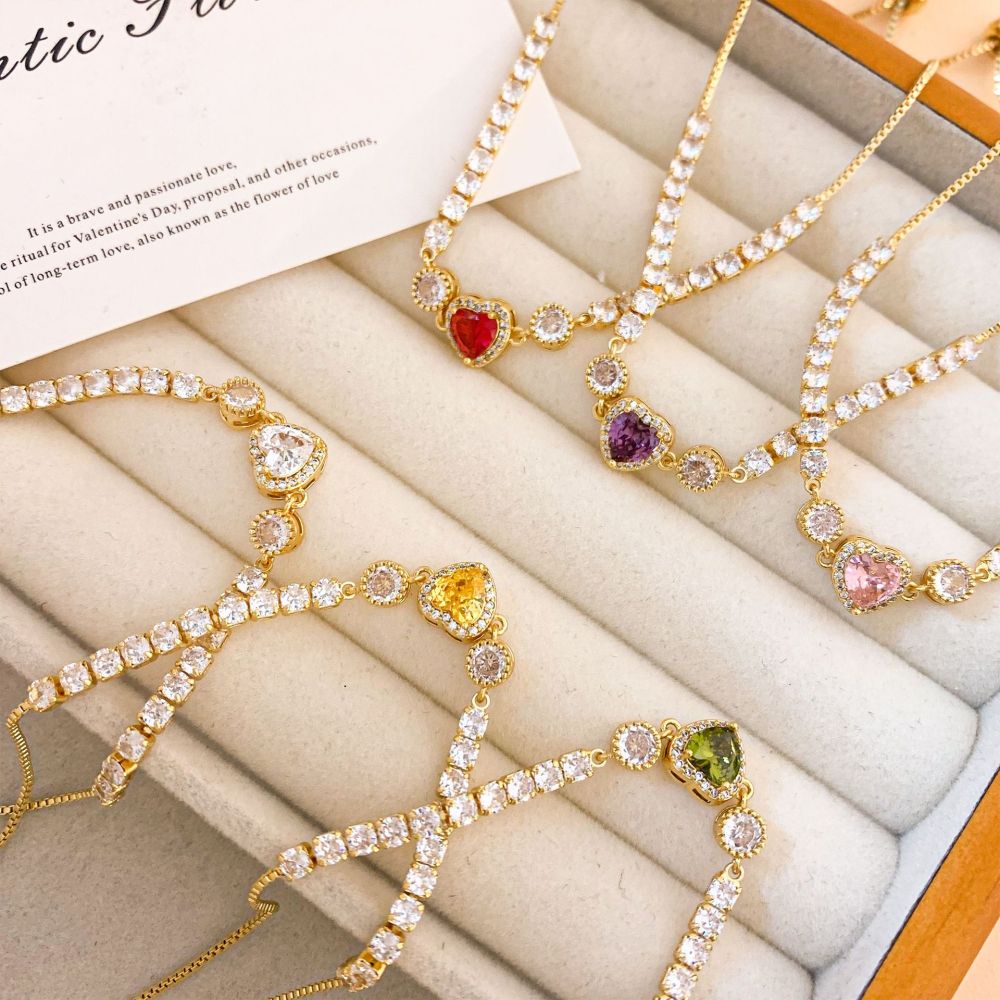 Adjustable Colorful Heart Zircon Bracelet Luxury Sensation Slide Bead Friend Style Genuine Gold Plating Enhanced Color Retention