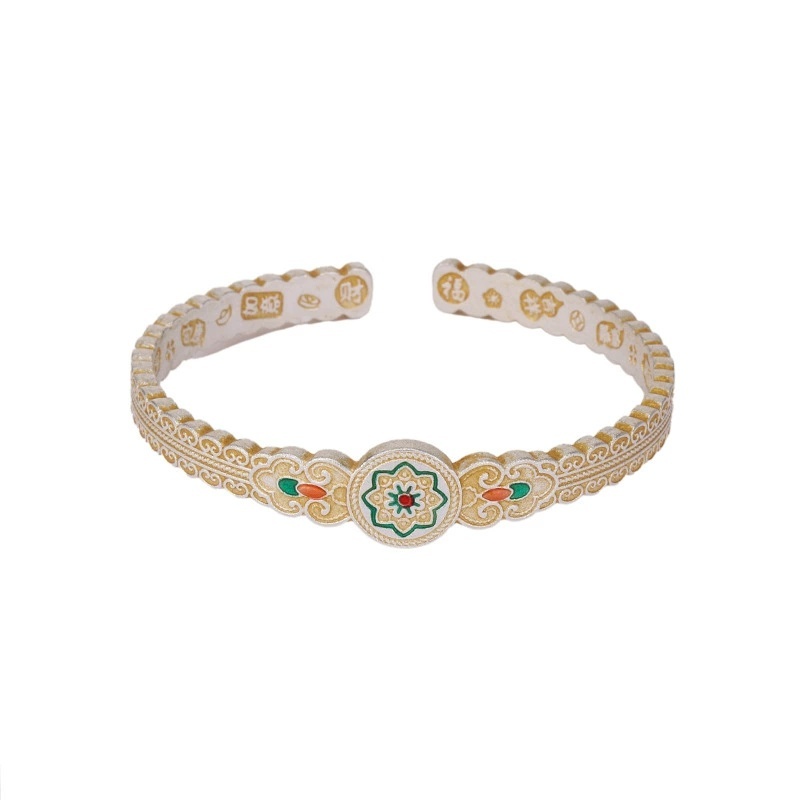 Vintage Ethnic Style Silver-Plated Bracelet With Gold Enamel Ruyibao Xianghua Auspicious Inscriptions Open-Ended Bracelet Copper Universal Electroplated Geometric Pattern National Trend Girlfriend