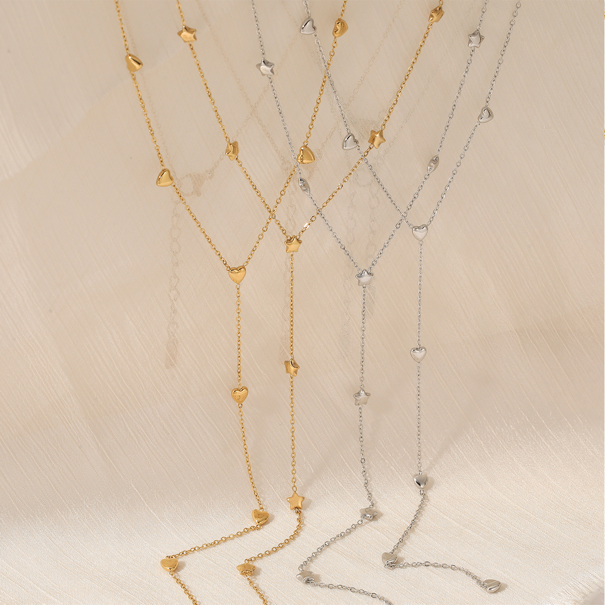 Elegant Long Y-shaped Vacuum Plating (In Furnace) Real Gold Plated 304 Stainless Steel Heart And Star Pendant Necklace Women's Fashion Daily Commuting Accessories