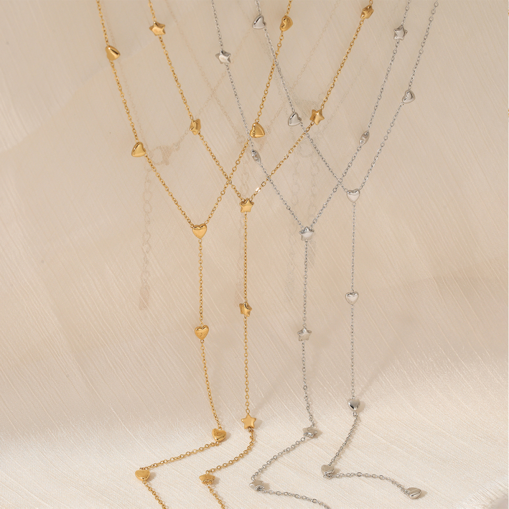 Elegant Long Y-shaped Vacuum Plating (In Furnace) Real Gold Plated 304 Stainless Steel Heart And Star Pendant Necklace Women's Fashion Daily Commuting Accessories