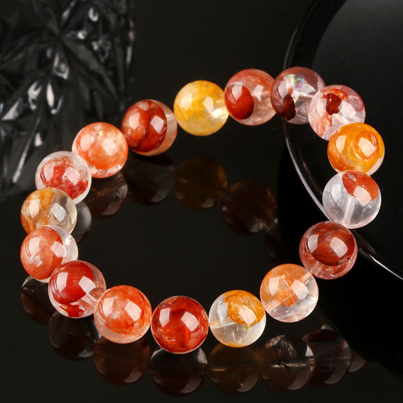 Natural Crystal Flower Bracelet Lucky Phoenix Feathers Red And Yellow Geometric Pattern Polished Round Beads Unisex Bracelet